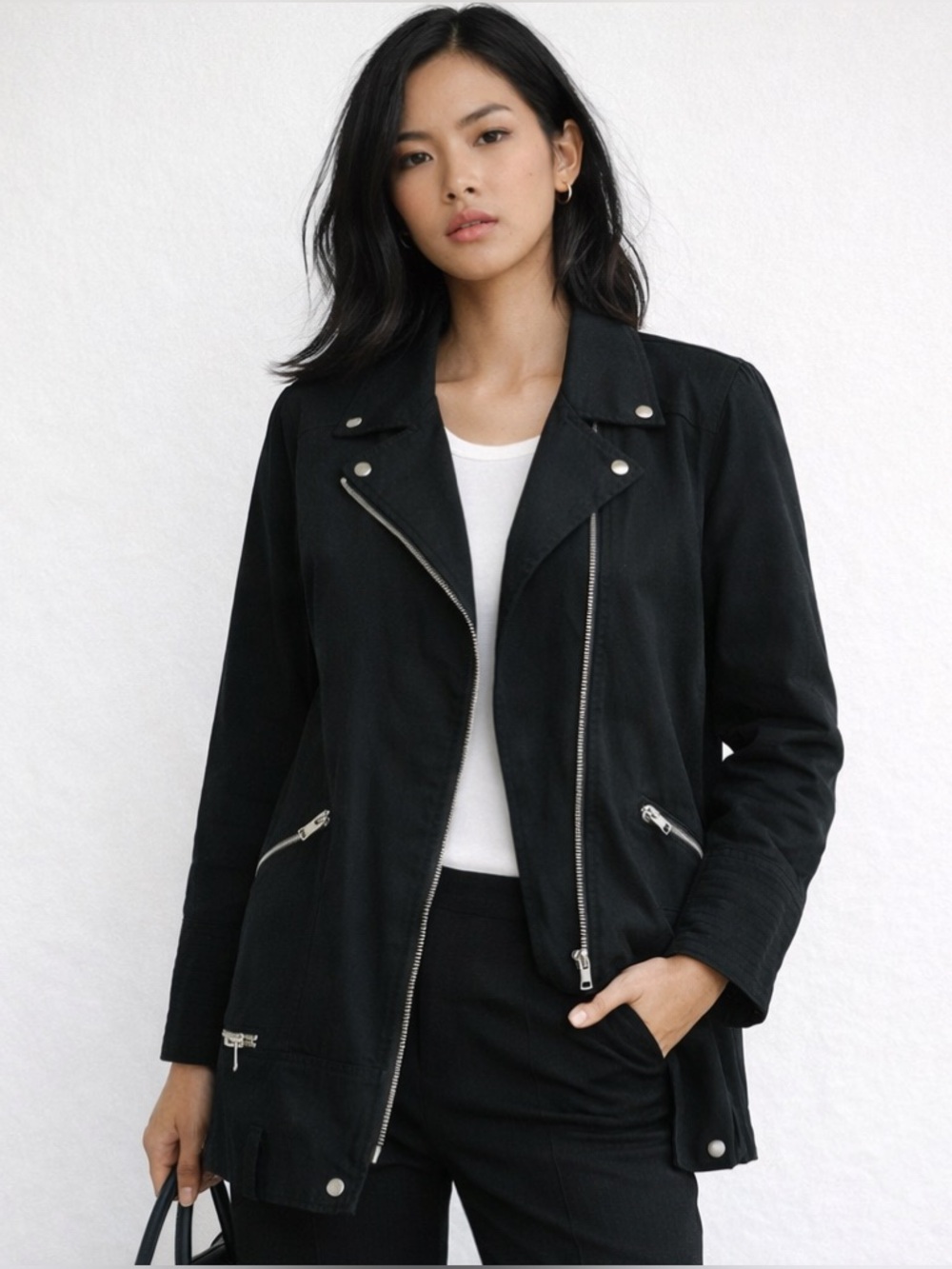 The Kooples Peach Parka - Black Long Line Canvas Moto Jacket